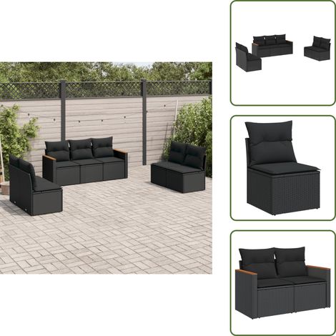 The Living Store Salon de jardin 7 pcs avec coussins noir résine tressée - Ensemble Salon De Jardin - Mobilier De Jardin - Salon Extérieur - Canapé Jardin - Chaise Lounge