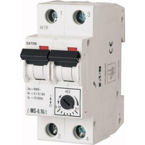 Eaton – Disjoncteur moteur bipolaire 2P – Protection thermique intégrée – Courant nominal 4A – Degré de protection IP20 – Pour moteurs jusqu'à 1,5 kW