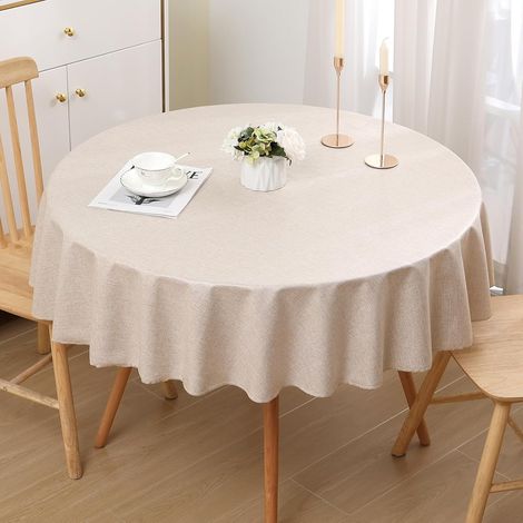 1 Nappe Ronde 140 cm Aspect Lin Imperméable Anti-tâches Polyester Beige pour Jardin Salle à Manger Fête