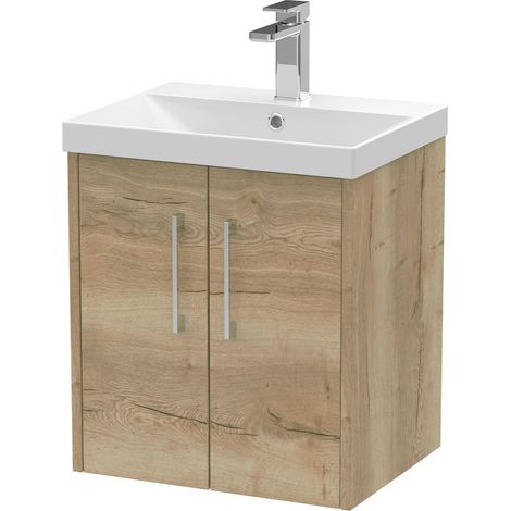 Winshill Contemporary 2 Door Wall Hung Vanity Unit with Thin Edge Basin, Light Oak, 500mm
