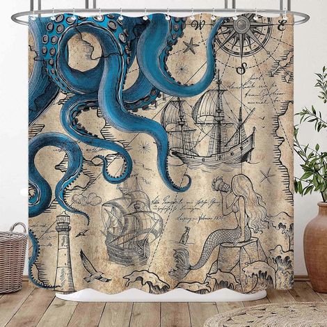 Rideau de douche vintage bleu marine à motif pieuvre, sirène et kraken des océans, pour salle de bain, 183 x 183 cm (72" x 72"). (1/5)