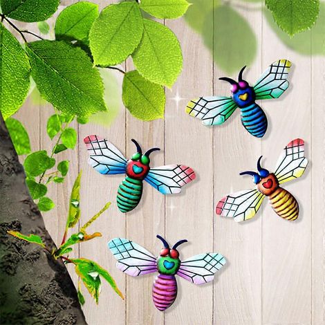 Lot de 4 décorations murales abeilles 3D en fer forgé, sculptures pour cour, jardin, fenêtre, intérieur et extérieur. (1/4)