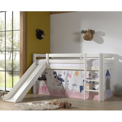 Cama de media altura 90x200 con tobogán, somier y funda Fairy Vipack Pino Blanco (1/4)