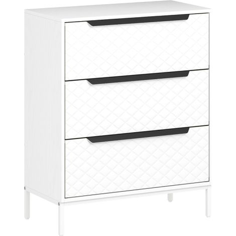 White Chest of Drawers with 3 Fabric Bins and Stylish Aluminium Handles-Perfect for Stylish Storage Solutions