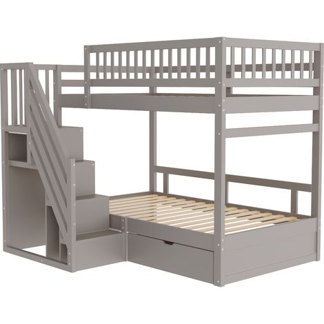 Letto a castello 90x200 cm grigio in legno con scala contenitore, sponde alte e cassetti (1/5)