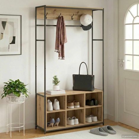 Portemanteau avec banc à chaussures Chêne artisanal (1/5)