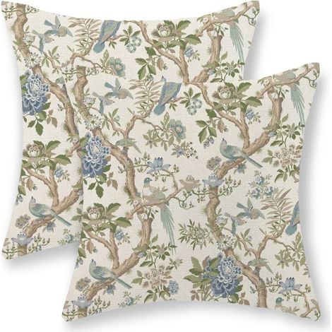 Juego de 2 fundas de cojín decorativas vintage de lino con estampado de pájaros azules y verdes, 45 x 45 cm, estilo chino, para sofá, decoración del hogar. (1/4)