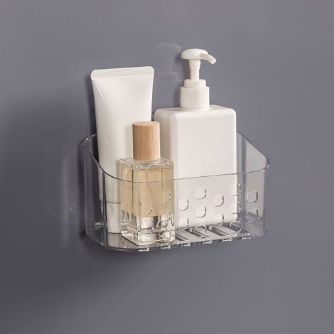 Petit panier de douche mural sans perçage pour salle de bain et cuisine, plastique transparent. (1/5)