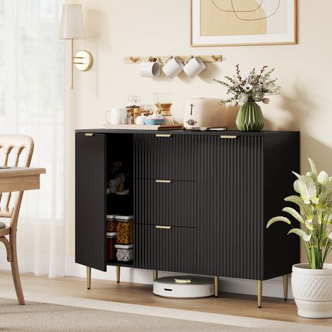 Buffet meuble cuisine rangement avec 3 tiroirs, étagères réglables, placards à portes cannelées, 120 x 40 x 90 cm, noir (1/5)