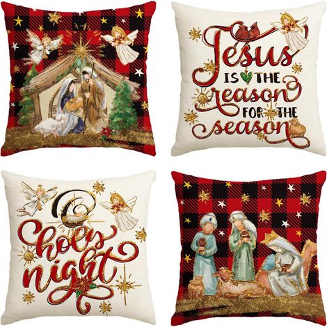 Fundas de almohada con villancicos navideños, 45 x 45 cm, felicitaciones navideñas, fundas de cojín para las fiestas de invierno, ideales para sofás, juego de 4 (1/5)