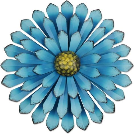 Décoration murale fleur métal 33cm, sculpture suspendue extérieur intérieur pour salle de bain salon chambre, bleu ciel, art mural 3D (1/5)