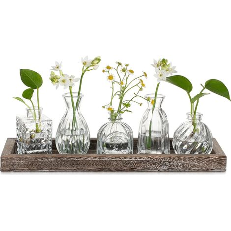 Mini Vase en Verre Decoratif - Set de 5 Soliflore avec Plateau en Bois pour Centre de Table - Style Vintage Design pour Decoration Interieur (1/5)