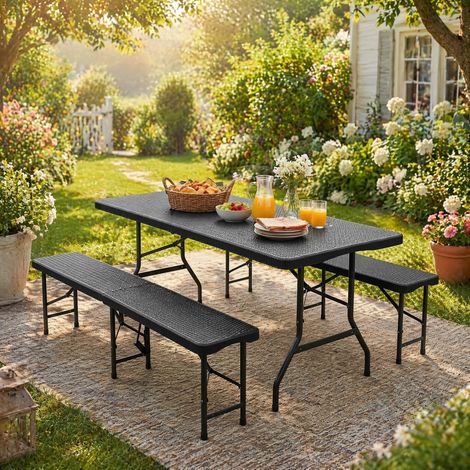 DESMIU Ensemble table et chaises de jardin table et 2 bancs pliants pour 6 personnes, en plastique noir (1/5)
