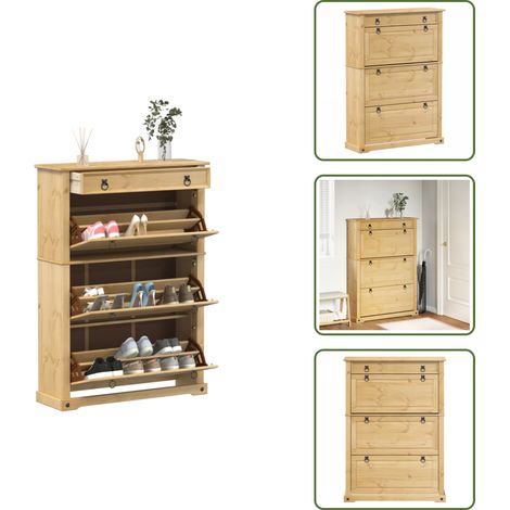 The Living Store Armoire à chaussures Corona 99x32x138 cm bois de pin massif - Meuble Chaussure - Rangements Chaussures - Armoire À Chaussures - Meuble Entrée - Rangement Intérieur (1/5)