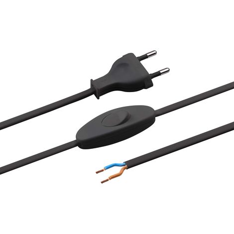 Câble d'alimentation avec Interrupteur, 2 m, Noir, câble en Plastique H03VVH2-F2X0,75, 2 Fils, IP20, câble de raccordement, matériel d'installation (1/3)