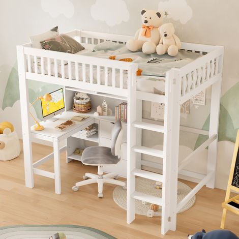 Letto a soppalco moderno in pino bianco 90x200 cm con scrivania, 3 cassetti, vani portaoggetti e scala (1/5)