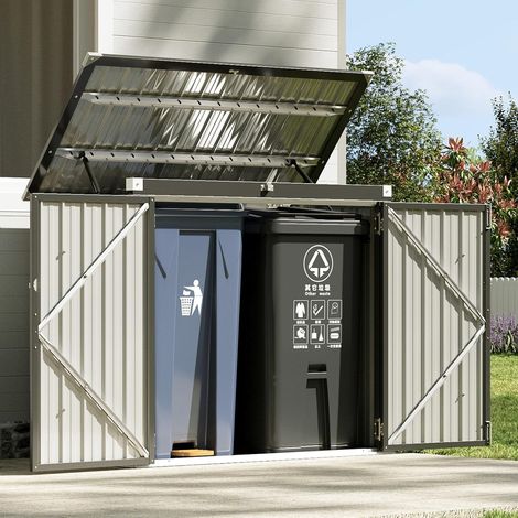 Aoxun 150 x 117 x 80 cm Metal Tool Shed, Wheelie Bin Box for 2 Bins, Weatherproof Garden Cabinet with Chain Hoist Lid & Gas Lift, Opening Front & Top Doors, Black
