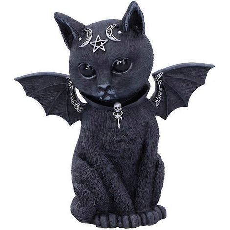 Figurine de chat occulte ailé, polyrésine, noir et argent (Wing Cat) (1/4)