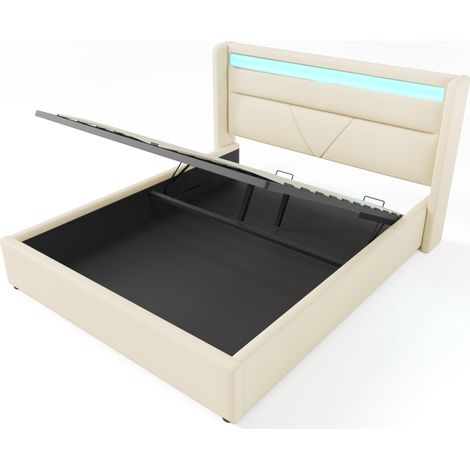 Cama con arcón hidráulico 140x200 cm en PU blanco con tira LED, cama tapizada (1/5)
