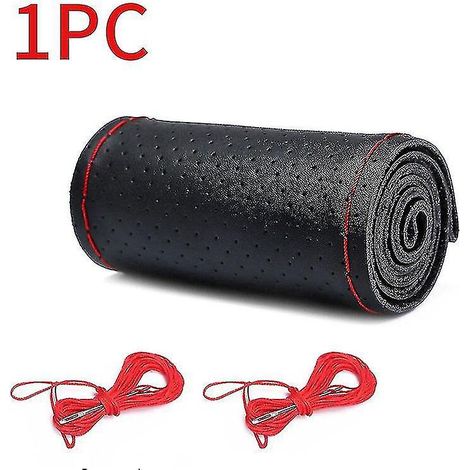 Housse de volant en cuir véritable haut de gamme 37-38 cm, revêtement tressé antidérapant, protection de volant en cuir de vachette, modèle JB51-2 Style 2 rouge (1/5)
