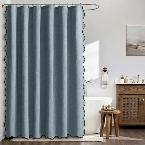 Rideau de Douche en Lin Texturé Ondulé 180x200 cm Bleu, Luxe Rideau de Douche Imperméable, Anti-Moisissure Tissu Lavable Rideaux de Bain pour Salle de Bain avec 12 Crochets Métalliques. (1/5)