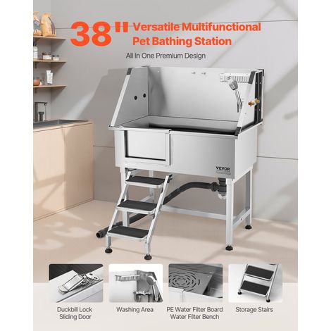 Baignoire de Chien Acier Inoxydable, Baignoire de Toilettage pour Animaux de Compagnie 96 cm Station de Lavage Chat, avec Escalier… (1/5)
