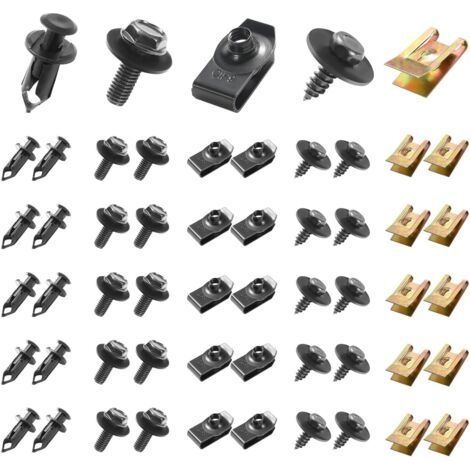 Kit 100 Pièces Fixations Auto Universel, Vis de Soubassement, Vis d'Aile de Carrosserie, Clips en Plastique Rivet Fixations - Kit Universel U-Nuts Garde-boue Boulons de Carrosserie (1/4)