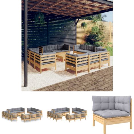 YOUTHUP 13-tlg. Garten-Lounge-Set mit Grauen Kissen Kiefernholz (1/5)