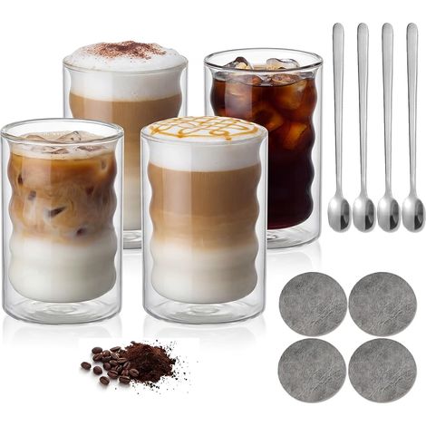 Lot 4 tasses à café double paroi 350ml, 4 cuillères,4 dessous de verre - Verre double paroi pour expresso, thé - Cadeau (1/5)