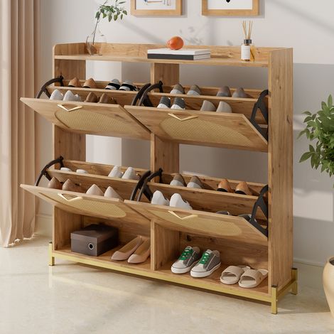Schuhschrank 108,5x24x100 cm Holzfarben MDF mit Metallgestell und oberer Ablage (1/5)