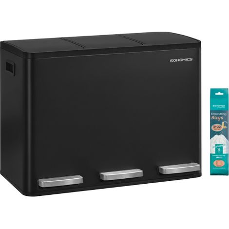 Poubelle de cuisine 62 x 35,3 x 45,5 cm tri sélectif 2 compartiments avec couvercles ergonomiques en acier inoxydable noir (1/2)
