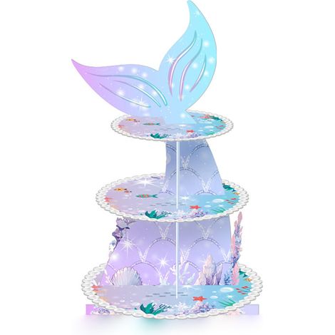 1 Support à gâteau jetable à 3 niveaux, thème sirène, style dessin animé, pour anniversaire, fournitures de fête (1/5)