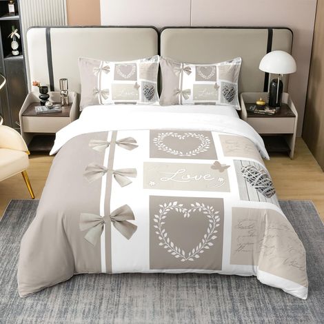 Amour Bowknot Coton Housse de Couette 200x200cm Garçons Filles Amour Ensemble de literie Romantique Beige Cœur Papillon Parure de Lit Chambre à Coucher décor Respirant Doux - 200 x 200 cm + 2 taies d' (1/5)