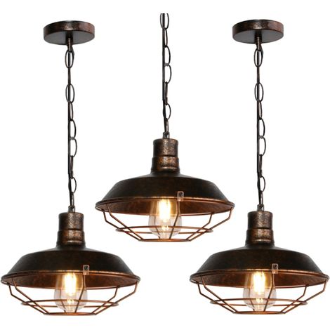 Lustre Suspension Industriel Vintage Luminaire Plafonnier Abat-jour Métal Lampe à Suspension Réglable E27 Rouille Ø26CM - 3Pcs (1/5)