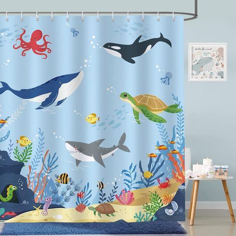 Duschvorhang „Unterwasser-Ozeanblau“ – Fisch- und Delfinmotiv für Kinder – wasserdicht, waschbar, schimmelresistentes Polyestergewebe – Badezimmer, 180 x 180 cm, mit 12 Haken (1/5)