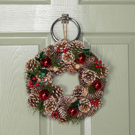 30cm Hanging Christmas YuleFest Wreath with Red Baubles & Snow Tipped Pine Cones (1/5)