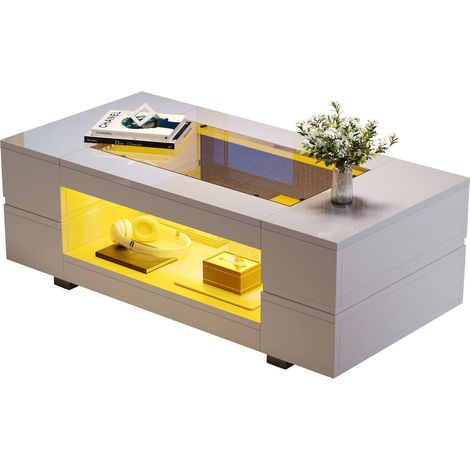 Table basse LED blanche brillante à double plateau avec design évidé et dessus en verre, pilotage par application, 100 x 50 x 35 cm, salon (1/5)