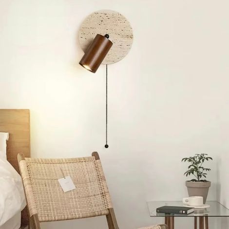 Applique murale d'intérieur — Travertin jaune chaud, douille E27, spot mural rond, lampe de lecture avec interrupteur à tirette (1/5)