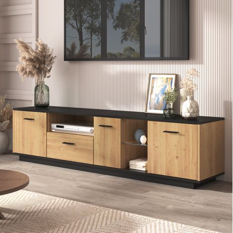 Meuble TV MDF noir et décor bois 180,0x37,0x45,0 cm, 3 portes, 1 tiroir, 2 niches en verre, LED 16 couleurs (1/5)