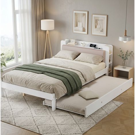 Letto estraibile 120x200 cm bianco in legno con testiera imbottita, ripiano e stazione di ricarica (1/5)