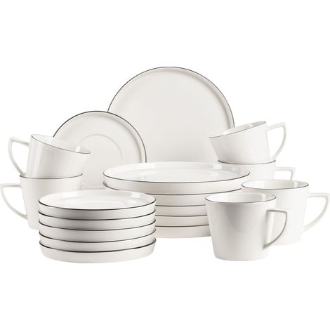 Série Sita Service d'assiettes pour 6 personnes, vaisselle en porcelaine blanche avec bord noir, sobre, élégant, porcelaine, blanc (1/2)