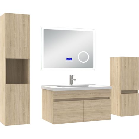 Acezanble Ensemble meuble salle de bain 80 cm Chêne Wotan, lavabo céramique + 2 colonnes + Miroir Bluetooth avec 3 couleurs dimmable, suspendu (1/5)