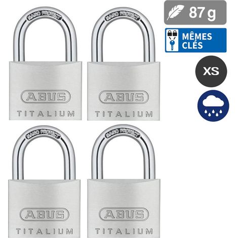 Abus – Lot de 4 cadenas extérieur 40mm – Aluminium TITALIUM™ – 5 clés – Sécurité niveau 5 – Anse acier cémenté NANO PROTECT™