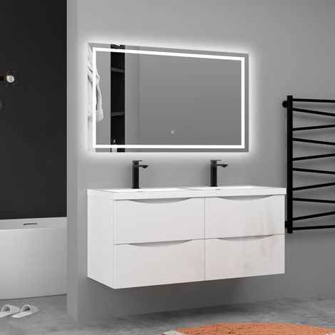 AICA Meuble de salle de bain suspendu Brillant 120cm avec simple lavabo + 4 tiroirs, Blanc (1/5)