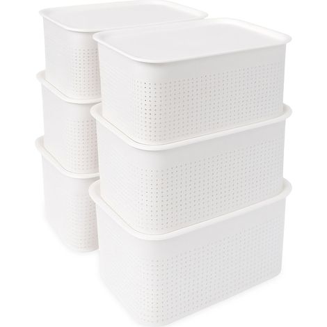 Relaxdays Aufbewahrungsbox 6er Set, mit Deckel, Organizer-Box 5 L, HBT: 13x26,5x19 cm, Stapelbox Kunststoff, weiß