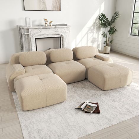 Canapé d’angle modulable en U en corduroy beige, sans montage, 32D, avec larges accoudoirs, REDOM (1/5)