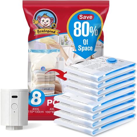 Lot de 8 Sacs de Rangement Sous Vide avec Pompe Électrique USB 4XXL110x100 + 4XL100x80cm, Grande Capacité Sacs Transparents Réutilisables pour Matelas Tente Couettes Literie Oreillers (1/5)