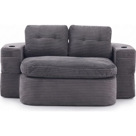 FurnitureR Dunkelgraues 2-Sitzer Cord-Schlafsofa mit Becherhaltern, Dunkelgraues Cordsofa mit Liegefunktion, abnehmbaren Armlehnen, zwei Becherhaltern und praktischen Seitentaschen. (1/5)
