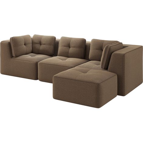 Sofá rinconera modular en forma de L con otomana de pana marrón sin montaje HOMVRA (1/5)