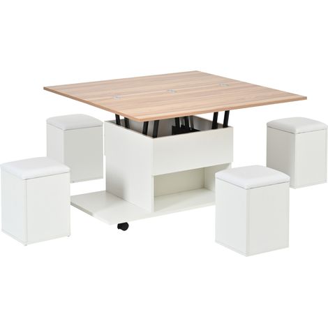 3-in-1 Couchtisch mit Stauraum, Rollen und 4 Hockern, Weiß-Holz (1/5)